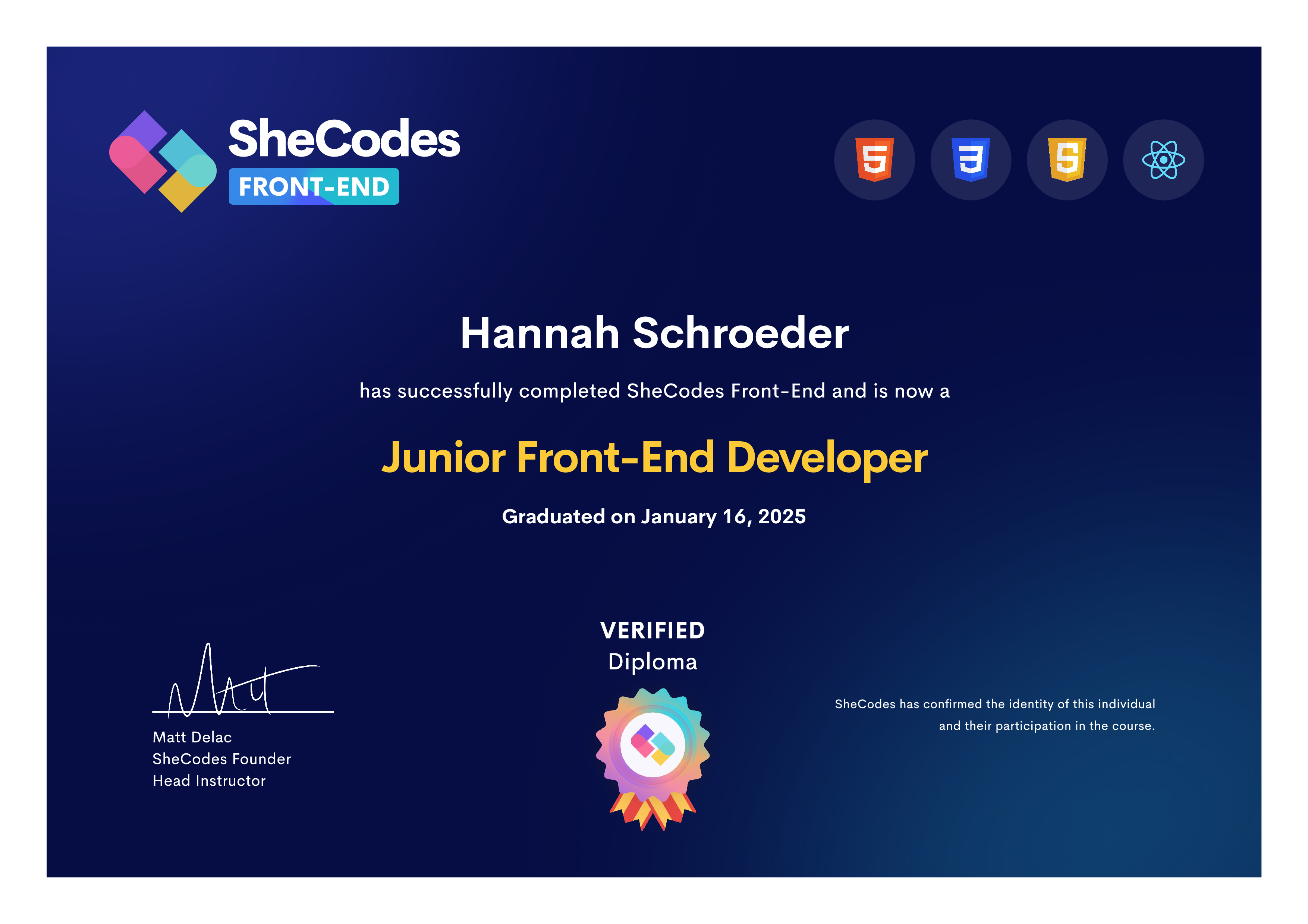 Junior Front-End Developer Verified Diploma